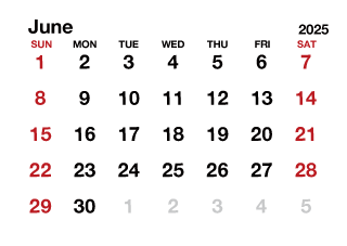 June 2025 Calendar without Lines