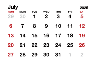 July 2025 Calendar without Lines
