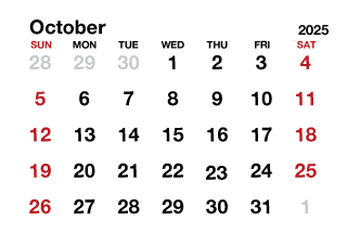 October2025 Calendar without Lines