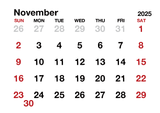November 2025 Calendar without Lines