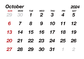 Calendario Octubre 2024 sin líneas
