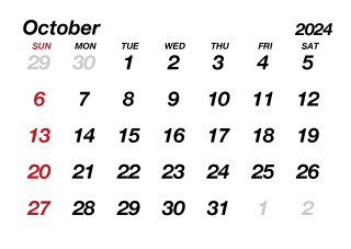 October2024 Calendar without Lines