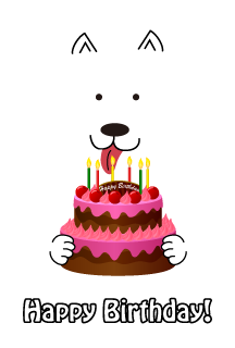 Happy birthday cake and white dog